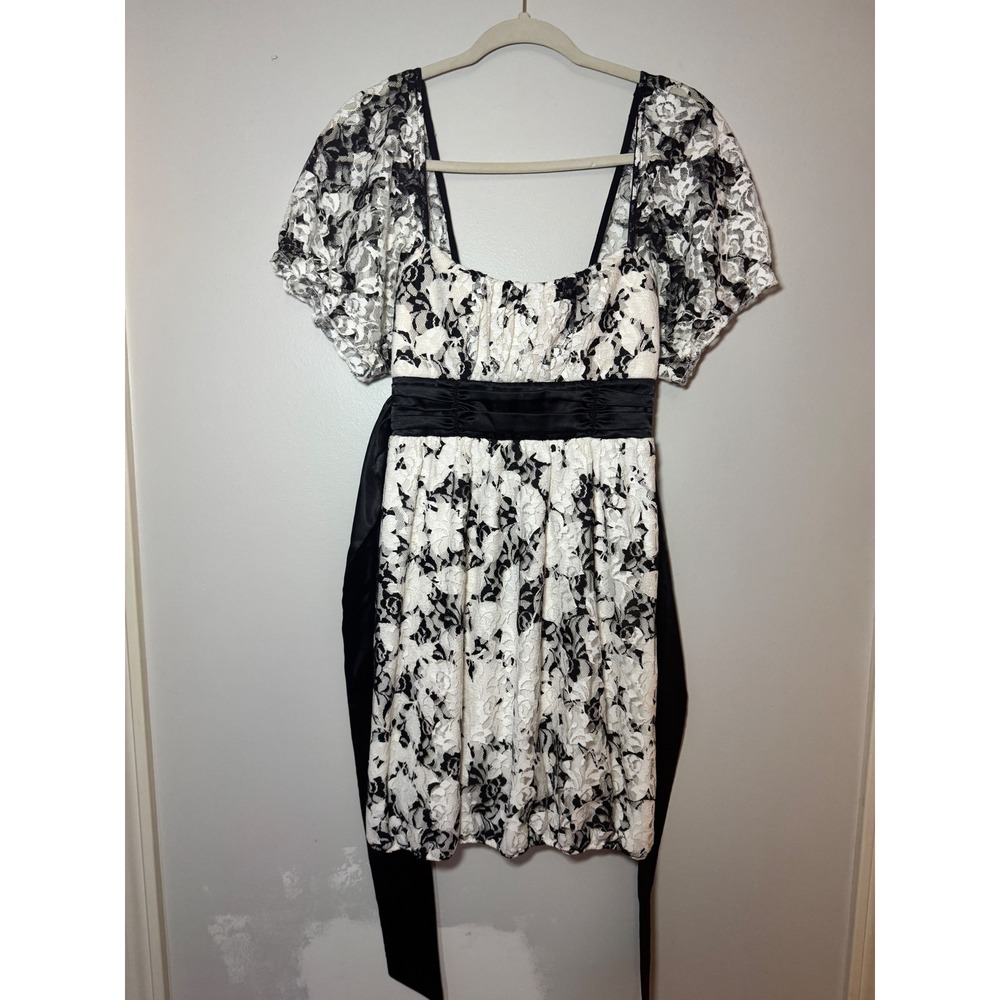 Y2K Homecoming J'adore Floral Lace Bubble Hem Mini Dress Satin Sash Sz 38